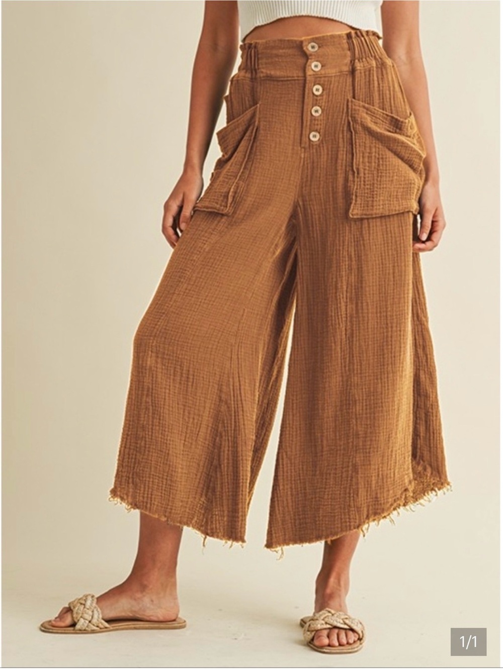 Mineral Washed Camel Cropped Wide Leg